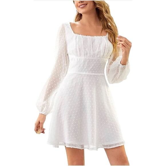 Polka Dots Square Neck A line Long Sleeve Swiss Dots Mini Dress S - Picture 1 of 3